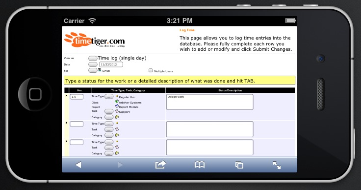 The TimeTiger web client running in mobile Safari
